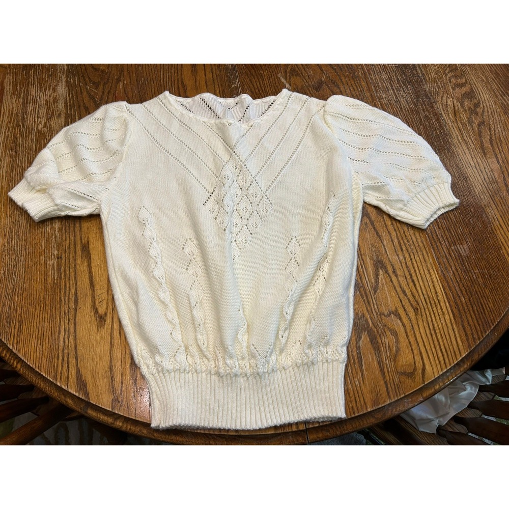 vintage 70s White Puff Sleeve Sweater top Short Sleeve Hippie Boho eyelet sheer